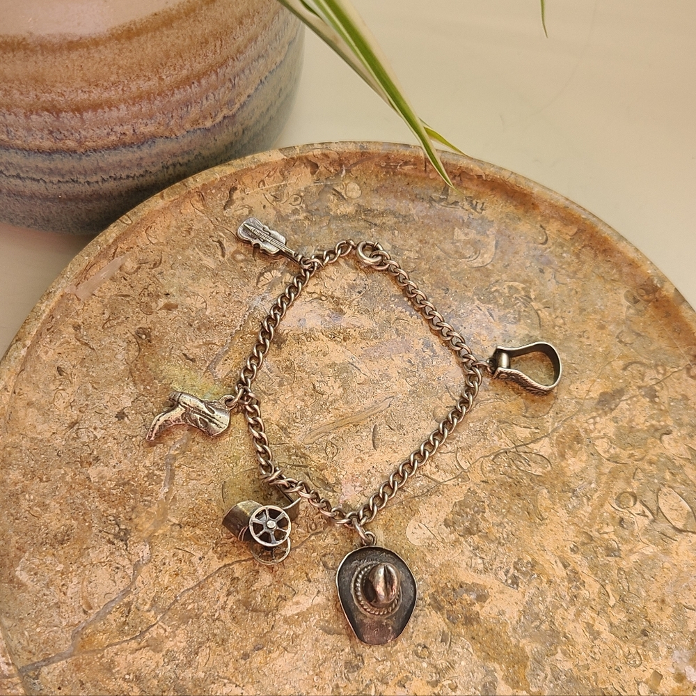 Sterling Silver 925 Mexico Western Native American Charm Chain Bracelet vintage